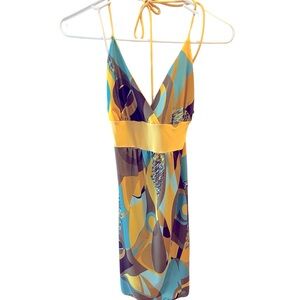 Yellow/Brown/Tan/Teal 1970’s Style Halter Mini Dress with Belt by C Russe-Size=S